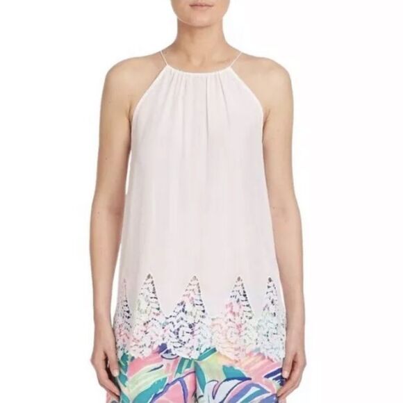 Lilly Pulitzer S Silk Resort White Ivory Diem Sleeveless Top with Lace - Picture 4 of 16